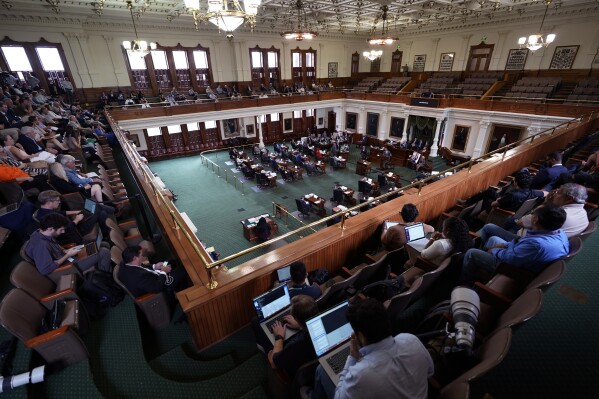 The impeachment trial for suspended Texas Attorney General Ken Paxton continues in the Senate Chamber at the Texas Capitol, Friday, Sept. 15, 2023, in Austin, Texas. (AP Photo/Eric Gay)