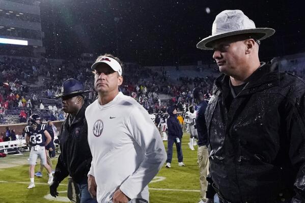Mississippi coach Lane Kiffin leaves the field following the team's 24-22 loss to Mississippi State in an NCAA college football game in Oxford, Miss., Thursday, Nov. 24, 2022. (AP Photo/Rogelio V. Solis)