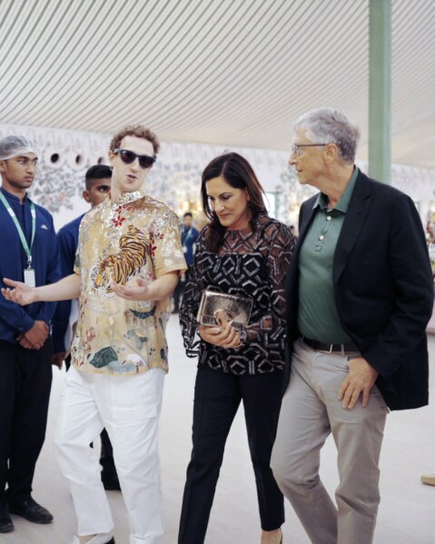 This photograph released by the Reliance group shows Mark Zuckerberg gesturing as he talks to Bill Gates, right, walking with Paula Hurd, center, at a pre-wedding bash of billionaire industrialist Mukesh Ambani's son Anant Ambani in Jamnagar, India, Saturday, Mar. 02, 2024. (Reliance group via AP)