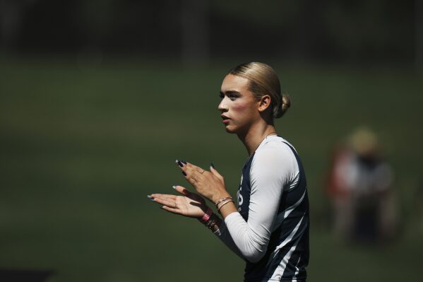 AB Hernandez reacts after competing in the high jump at the California high school track-and-field championships in Clovis, Calif., Friday, May 30, 2025. (AP Photo/Jae C. Hong)