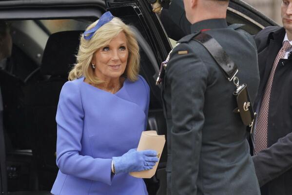 US First Lady Jill Biden arrives at Westminster Abbey prior to the coronation ceremony of Britain's King Charles III in London Saturday, May 6, 2023. (Jacob King/PA via AP)