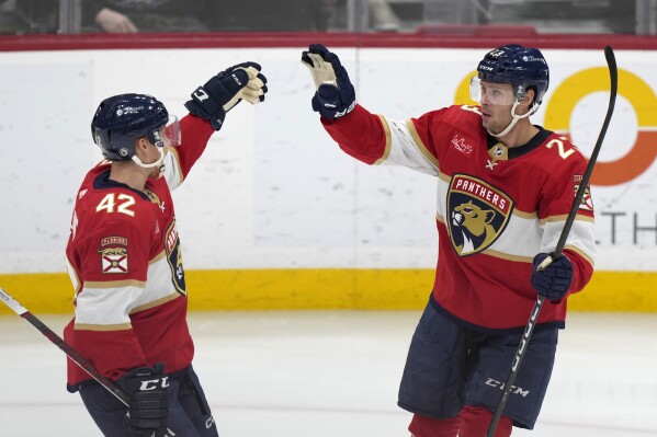 Florida Panthers center Carter Verhaeghe (23) is congratulated by defenseman Gustav Forsling (42) after Verhaeghe scored during the second period of an NHL hockey game against the Toronto Maple Leafs, Tuesday, April 16, 2024, in Sunrise, Fla. (AP Photo/Wilfredo Lee)