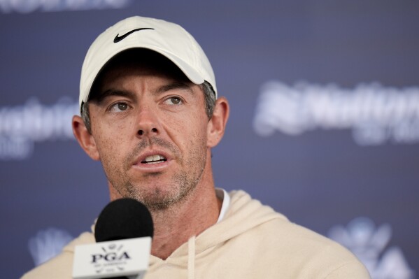 Rory McIlroy, of Northern Ireland, speaks during a news conference at the PGA Championship golf tournament at the Valhalla Golf Club, Wednesday, May 15, 2024, in Louisville, Ky. (AP Photo/Jeff Roberson)