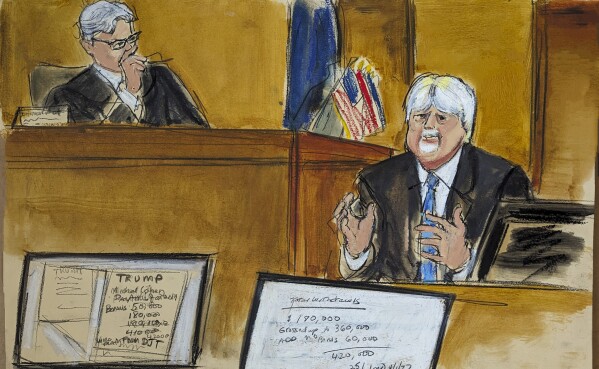 In this courtroom sketch, former Trump Organization employee Jeffrey McConey testifies about payments to Michael Cohen.  Monday, May 6, 2024, in New York.  (Elizabeth Williams via AP)