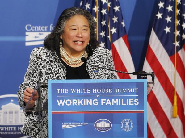 FILE - In this June 23, 2014, file photo, Tina Tchen, chief of staff to first lady Michelle Obama, speaks at the White House Summit on Working Families in Washington. Tchen, who went on to become the CEO of the sex harassment victims' advocacy group Time's Up, resigned from the position on Thursday, Aug. 26, 2021, in the wake of revelations that leaders of the group advised former New York Gov. Andrew Cuomo on how to handle allegations made against him. (AP Photo/Charles Dharapak, File)