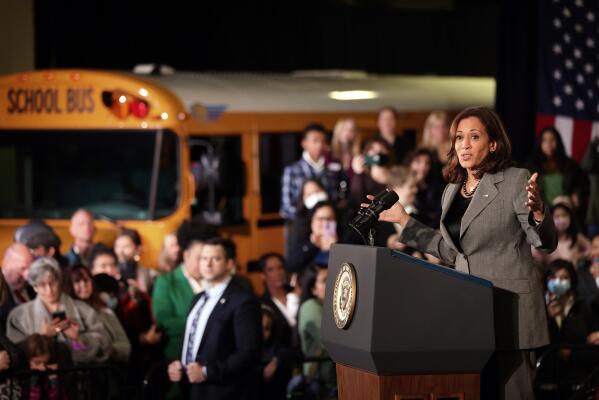 Vice President Kamala Harris speaks at an event highlighting the Biden-Harris Administration's investments in electric school buses at Lumen Field in Seattle on Wednesday, oct. 26, 2022. (Karen Ducey/The Seattle Times via AP)