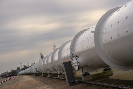 One of the tubes allowing vehicles to travel on magnetic fields is seen at the new European test center for hyperloop transportation technology which opens in Veendam, northern Netherlands, Tuesday, March 26, 2024. (AP Photo/Peter Dejong)