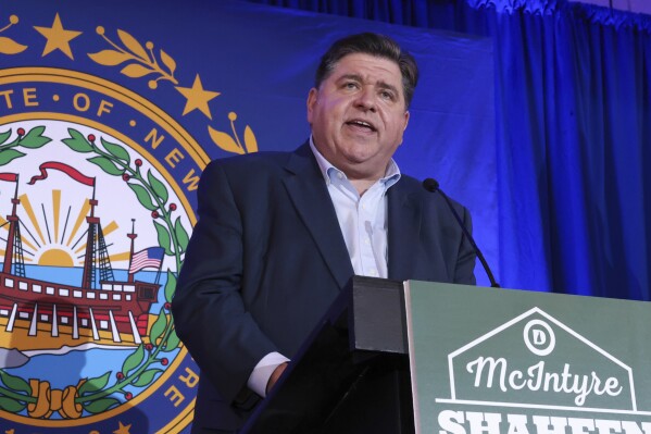 Illinois Gov. JB Pritzker speaks during the McIntyre-Shaheen 100 Club Dinner, Sunday April 27, 2025, in Manchester, N.H. (AP Photo/Reba Saldanha, file)