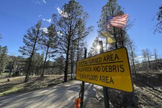 A sign warning of flooding is located within the burn scar of the largest wildfire in New Mexico's recorded history near El Porvenir, New Mexico, April 12, 2023. Lawmakers from several western states want the U.S. Forest Service to do more to address a wildfire crisis that they say will surely destroy more landscapes, communities and livelihoods. (AP Photo/Susan Montoya Bryan)