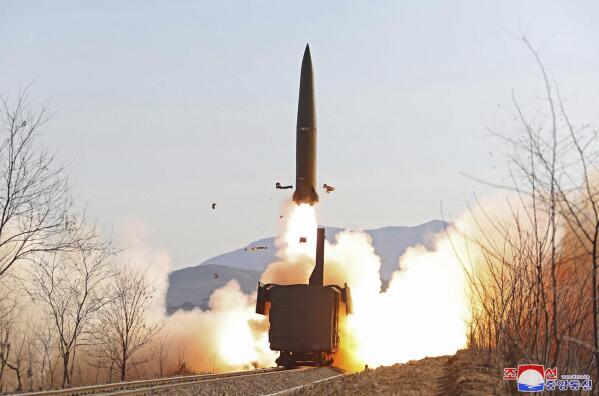 FILE - This file photo provided on Jan. 15, 2022, by the North Korean government shows a missile test from railway in North Pyongan Province, North Korea, on Jan. 14, 2022. Independent journalists were not given access to cover the event depicted in this image distributed by the North Korean government. The content of this image is as provided and cannot be independently verified. Korean language watermark on image as provided by source reads: "KCNA" which is the abbreviation for Korean Central News Agency.(Korean Central News Agency/Korea News Service via AP, File )