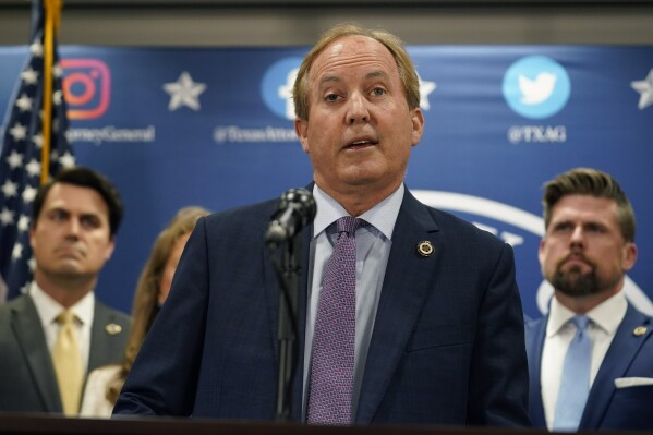 Texas state Attorney General Ken Paxton makes a statement at his office in Austin, Texas, Friday, May 26, 2023. he Texas Senate is set to gavel in Tuesday, Sept. 5, 2023, for the impeachment trial of Paxton, a formal airing of corruption allegations that could lead Republican lawmakers to oust one of their own as lead lawyer for America's largest red state. (AP Photo/Eric Gay)