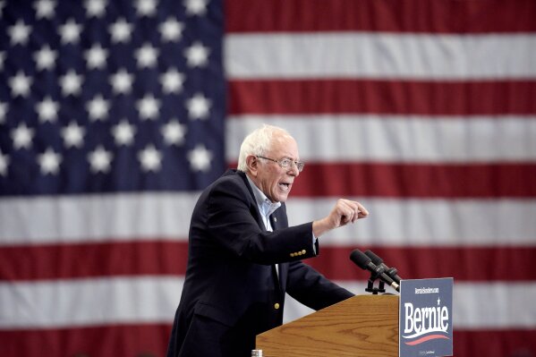 FILE - In this Nov. 8, 2019, file photo, Democratic presidential candidate Sen. Bernie Sanders, I-Vt., addresses supporters during an election rally on the campus of Iowa Western Community College in Council Bluffs, Iowa. (AP Photo/Nati Harnik, File)