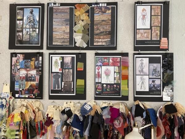 Sketches and fabric swatches for costumes for the comedy series "The Marvelous Mrs. Maisel" are displayed at Steiner Studios in the Brooklyn borough of New York on Oct. 12, 2022. (AP Photo/Brooke Lefferts)