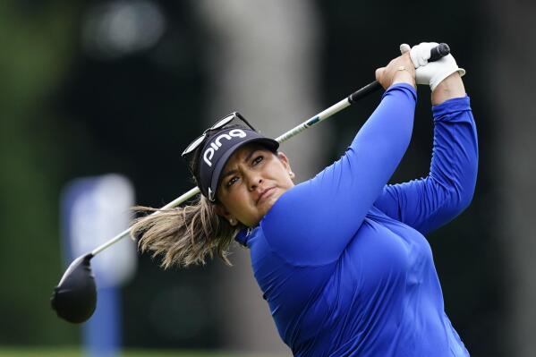 Lizette Salas of the U.S. tees off on the sixth hole during the third round of play in the KPMG Women's PGA Championship golf tournament Saturday, June 26, 2021, in Johns Creek, Ga. (AP Photo/John Bazemore)