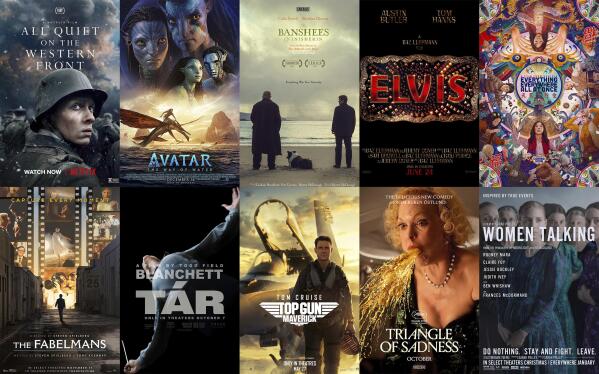 This combination of photos shows promotional art for Oscar nominees for best feature, top row from left, "All Quiet on the Western Front," "Avatar: The Way of Water," "The Banshees of Inisherin," "Elvis," "Everything Everywhere All at Once," bottom row from left, "The Fabelmans," "Tár," "Top Gun: Maverick," "Triangle of Sadness," and "Women Talking." (Netflix/Disney/Searchlight/Warner Bros./A24/Universal/Focus/Paramount/Neon/Orion-United Artists via AP)