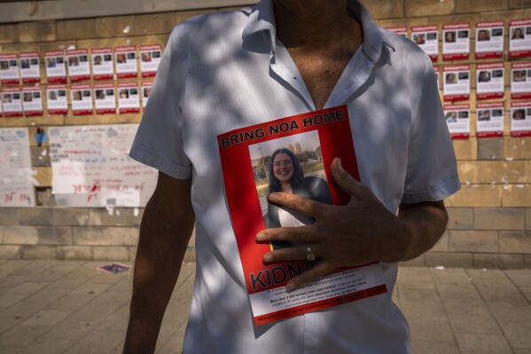 Families and supporters of Israelis held captive in Gaza call for their release during a demonstration in Tel Aviv, Israel, Wednesday, Oct. 18, 2023. The Israeli army says some 200 people were kidnapped and taken to Gaza in Hamas' cross-border attack on Israel on Oct. 7. (AP Photo/Petros Giannakouris)