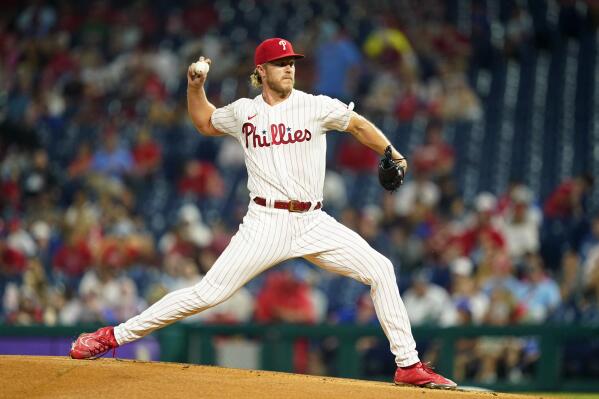 Philadelphia Phillies' Noah Syndergaard pitches during the first inning of a baseball game against the Cincinnati Reds, Monday, Aug. 22, 2022, in Philadelphia. (AP Photo/Matt Slocum)