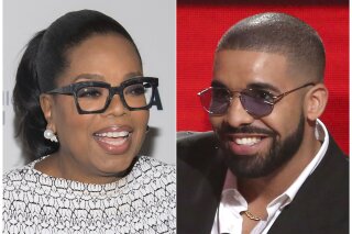 This combination photo shows Oprah Winfrey at The Museum of Modern Art's David Rockefeller Award Luncheon honoring Oprah Winfrey  in New York on March 6, 2018, left, and Drake accepting the award for favorite album rap/hip-hop for "Views" at the American Music Awards in Los Angeles on Nov. 20, 2016. Lil Yachty, DaBaby and Drake's new rap song “Oprah's Bank Account" is one of Oprah's favorite things. When asked in an interview what she thought of the song, Winfrey exclaimed “I love it. I love it. I loveeeeee it! Yes, I love it!" (Photos by Charles Sykes, left, and Matt Sayles/Invision/AP)