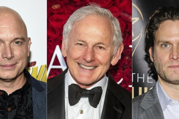 This combination of photos shows actors, from left, Michael Cerveris, Victor Garber and Steven Pasquale, who will participate in the dark musical “Assassins," for a streaming fundraising event. Cast members of the show’s 1990 world premiere will join with the 2004 Tony-winning revival, as well as the cast of the upcoming Classic Stage Company production for an hour-long filmed program on April 15 that mixes memories and music, exploring the show from the actors' points of view. (AP Photo)