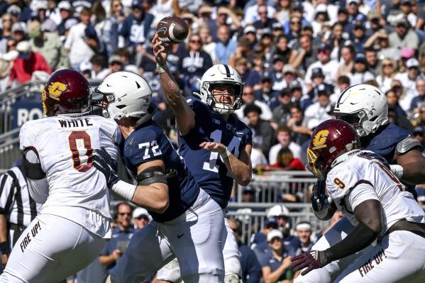 Penn State quarterback Sean Clifford (14) throws a pass against Central Michigan during the second half of an NCAA college football game, Saturday, Sept. 24, 2022, in State College, Pa. (AP Photo/Barry Reeger)