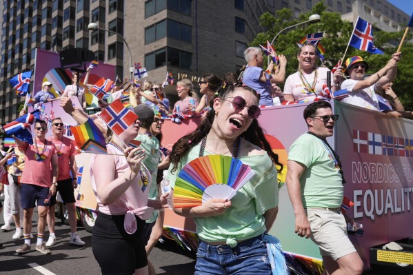 Members of Nordic for Equality march during the World Pride parade, Saturday, June 7, 2025, in Washington. (AP Photo/Mark Schiefelbein)