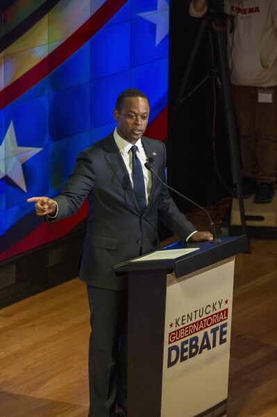 Republican Attorney General Daniel Cameron speaks during a gubernatorial debate against Democratic Gov. Andy Beshear at Northern Kentucky University, in Highland Heights, Ky., Monday, Oct. 16, 2023. (Joe Simon/LINK nky via AP, Pool)