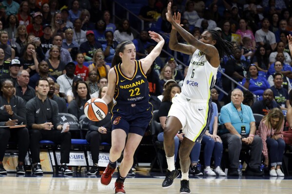 CORRECTS FROM CAITLYN TO CAITLIN - Indiana Fever guard Caitlin Clark (22) drives past Dallas Wings forward Natasha Howard (6) during the first half of an WNBA basketball game in Arlington, Texas, Friday, May 3, 2024. (Ǻ Photo/Michael Ainsworth)