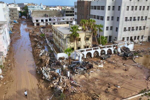 Floodwaters from Mediterranean storm Daniel are visible on Tuesday, Sept. 12, 2023. Scientists say the Mediterranean storm that dumped torrential rain on the Libyan coast is just the latest extreme weather event to carry some hallmarks of climate change. (AP Photo/Jamal Alkomaty)