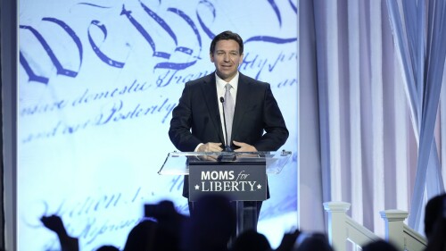 Republican presidential candidate Florida Gov. Ron DeSantis speaks at the Moms for Liberty meeting in Philadelphia, Friday, June 30, 2023. (AP Photo/Matt Rourke)