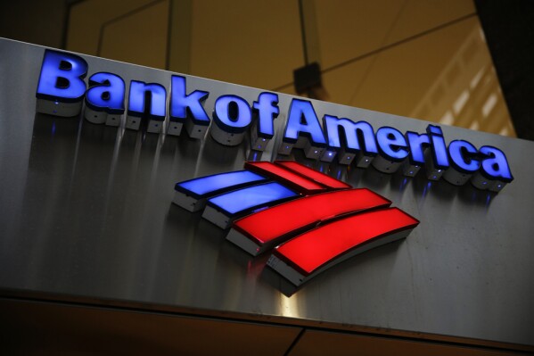 FILE - This Tuesday, Jan. 14, 2014, file photo shows a Bank of America sign in Philadelphia. Bank of America said, Tuesday, April 16, 2024, its first-quarter profits fell 18%, as the bank dealt with higher expenses due to the impact of higher interest rates. (AP Photo/Matt Rourke, File)