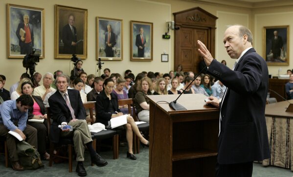 
              FILE - In this June 23, 2008 file photo, James Hansen, a leading researcher on global warming, gives a briefing on global warming on Capitol Hill in Washington. NASA’s top climate scientist in 1988, Hansen warned the world on a record hot June day that global warming was here and worsening. In a scientific study that came out a couple months later, he even forecast how warm it would get, depending on emissions of heat-trapping gases. (AP Photo/Susan Walsh, File)
            