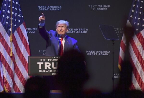 Former President Donald Trump speaks at a campaign event Monday, March 13, 2023, in Davenport, Iowa. (AP Photo/Ron Johnson)