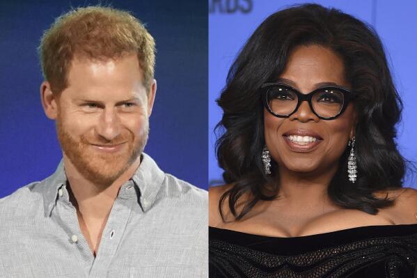 Prince Harry, Duke of Sussex speaks at "Vax Live: The Concert to Reunite the World" in Inglewood, Calif. on May 2, 2021, left, and Oprah Winfrey appears at the 75th annual Golden Globe Awards in Beverly Hills, Calif. on Jan. 7, 2018. Winfrey and Prince Harry's series "The Me You Can't See" will debut on May 21 on Apple TV+ plus. (AP Photo)