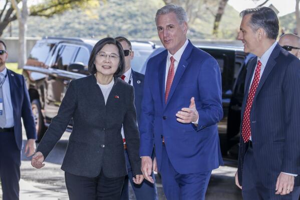 House Speaker Kevin McCarthy, R-Calif., second from right, welcomes Taiwanese President Tsai Ing-wen as she arrives at the Ronald Reagan Presidential Library in Simi Valley, Calif., Wednesday, April 5, 2023. (AP Photo/Ringo H.W. Chiu)