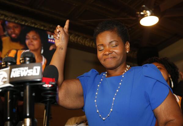 Democratic Buffalo mayoral primary candidate India Walton delivers her victory speech after defeating incumbent Byron Brown, on Tuesday, June 22, 2021 in Buffalo, N.Y.   The 38-year-old nurse and union leader pulled off the surprise victory with the backing of the Democratic Socialists of America in a campaign focused on affordable housing, health care and criminal justice reform.(Robert Kirkham/The Buffalo News via AP)