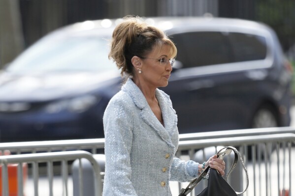Former Alaska Gov. Sarah Palin arrives to a Manhattan federal court in New York, Monday, April 21, 2025. (AP Photo/Seth Wenig)