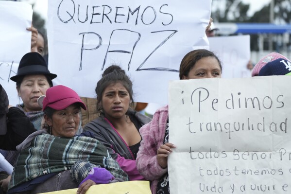 Familiares de reclusos sostienen carteles pidiendo paz mientras protestan frente a la prisión de Latacunga, oficialmente conocida como Centro de Rehabilitación Social Regional Sierra, Centro Norte, en Cotopaxi, Ecuador, el miércoles 10 de enero de 2024. (Foto AP/Dolores Ochoa)