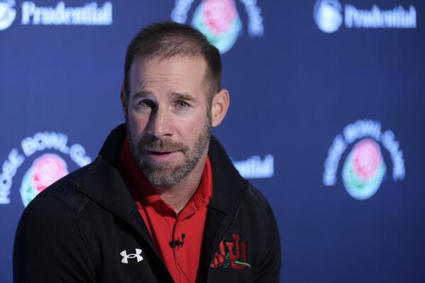 Utah defensive coordinator Morgan Scalley fields questions during a press conference ahead of the Rose Bowl NCAA college football game against Penn State Thursday, Dec. 29, 2022, in Los Angeles (AP Photo/Marcio Jose Sanchez)