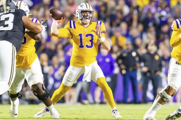 Tigers Quarterback Garrett Nussmeier 13 throws a pass as LSU takes on Vanderbilt Saturday, Nov. 23, 2024, in Baton Rouge, La. (Scott Clause/The Daily Advertiser via AP)