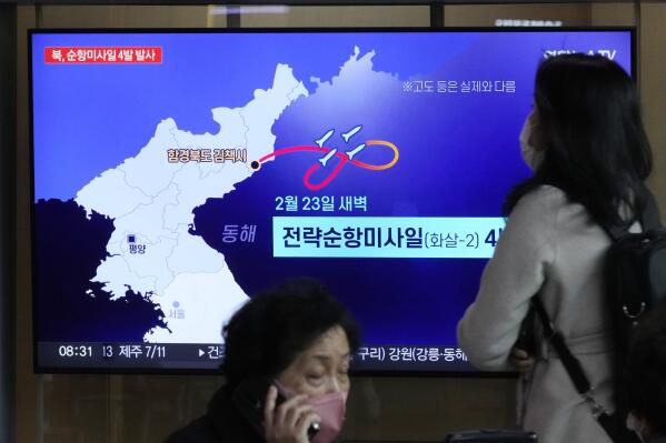 A TV screen displayed at the Seoul Railway Station in Seoul, South Korea, shows a news program reporting on North Korea's missile launch Friday, Feb. 24, 2023. North Korea on Friday said it test-fired long-range cruise missiles in waters off its eastern coast a day earlier, adding to a provocative streak in weapons demonstrations as its rivals step up military training. (AP Photo/Ahn Young-joon)