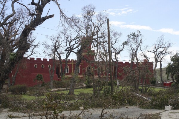 FILE - Trees stripped of their leaves and branches by the high winds of Hurricane Irma surround the historic Fort Christian on St. Thomas, USVI, Sept. 8 2017. The U.S. Virgin Islands will soon build its first artificial reef to protect its coasts and help the U.S. territory become more resilient ahead of future storms, officials announced Thursday, Jan. 11, 2024. (APPhoto/Ian Brown, File)