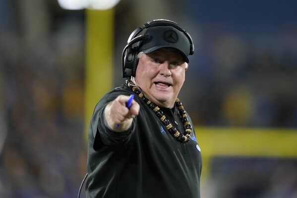 UCLA coach Chip Kelly gestures during the first half of the team's NCAA college football game against California, Saturday, Nov. 25, 2023, in Pasadena, Calif. (AP Photo/Ryan Sun)
