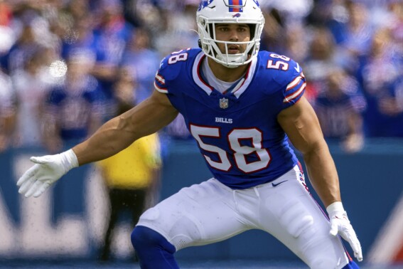 FILE - Buffalo Bills linebacker Matt Milano defends during an NFL football game against the Las Vegas Raiders, Sept. 17, 2023, in Orchard Park, N.Y. Milano isn't expected to be cleared to resume practicing until the team's three-day mandatory minicamp next month at the earliest. Coach Sean McDermott provided the update on Tuesday, May 21, 2024, in saying the eighth-year player remains on track in his recovery after sustaining a severe injury to his right leg in Week 5 of last season. (AP Photo/Matt Durisko, File)