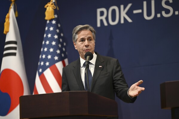 U.S. Secretary of State Antony Blinken speaks during a joint news conference with South Korean Foreign Minister Park Ji at the foreign ministry in Seoul, Thursday, Nov. 9, 2023. (Jung Yeon-je/Pool Photo via AP)