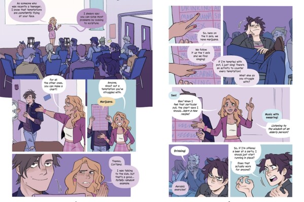 This image provided by First Second Books in June 2025, shows an excerpt from "Youth Group," a graphic novel by Jordan Morris, illustrated by Bowen McCurdy. (Courtesy First Second Books/Macmillan Publishers via AP)
