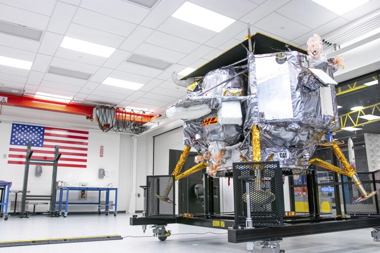 This photo provided by Astrobotic Technology shows the Peregrine lunar lander at the company's facility in Pittsburgh in October 2023. The planned launch date is Monday, January 8, 2024. (Jordan K Reynolds/Astrobotic Technology via AP)