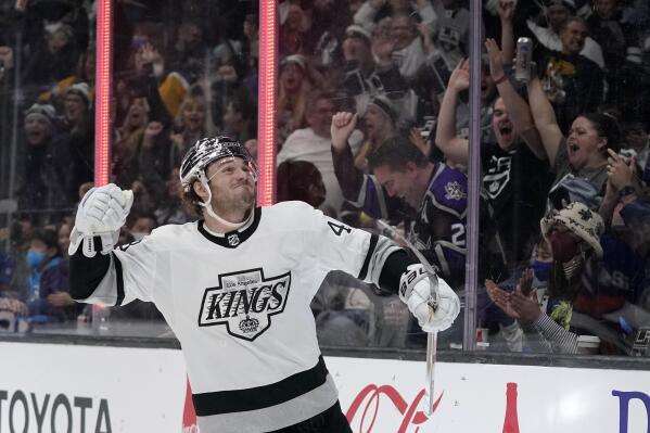 Los Angeles Kings left wing Brendan Lemieux celebrates his goal during the second period of an NHL hockey game against the New York Islanders Saturday, Feb. 26, 2022, in Los Angeles. (AP Photo/Mark J. Terrill)