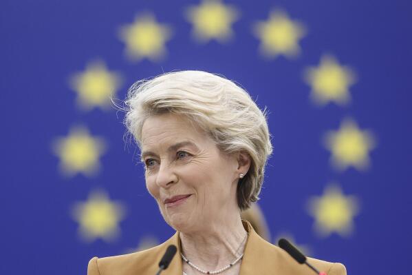 President of the European Commission Ursula Von der Leyen delivers her speech during a debate preparing the next European Council meeting, Wednesday, March 15, 2023 in Strasbourg, eastern France. (AP Photo/Jean-Francois Badias)