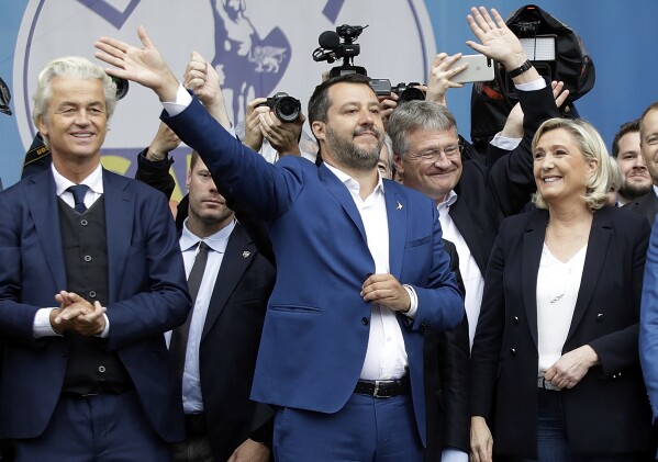 From left, Geert Wilders, leader of Dutch Party for Freedom, Matteo Salvini, Jörg Meuthen, leader of Alternative For Germany party, and Marine Le Pen, attend a rally organized by League leader Matteo Salvini, with leaders of other European nationalist parties, ahead of the May 23-26 European Parliamentary elections, in Milan, Italy, Saturday, May 18, 2019. (AP Photo/Luca Bruno, File)