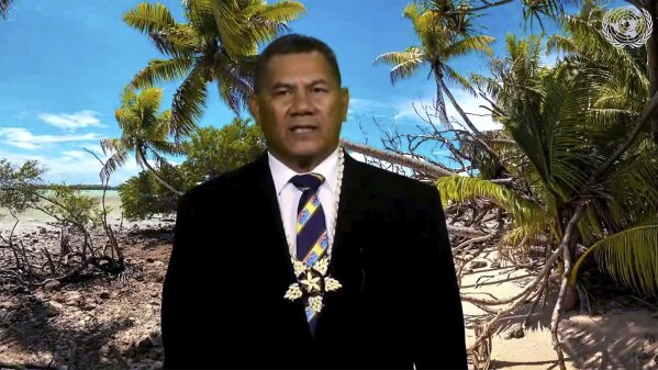 In this image made from UNTV video, Kausea Natano, Prime Minister of Tuvalu speaks in a pre-recorded message which was played during the 75th session of the United Nations General Assembly, Friday, Sept. 25, 2020, at UN headquarters.  (UNTV via AP)